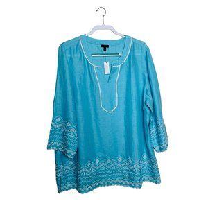 Talbots Top Womens 2X Blue Linen white Embroidered Front blouse top $129 NEW
